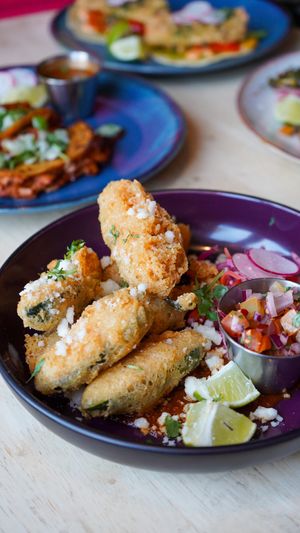 Jalapeños rellenos: stuffed with vegan cream cheese! - gf, vegan, nut free   at Antojitos Cantina in Edinburgh