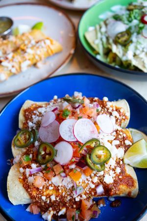 Enchiladas: verde and roja - vegan, nut free, can be made gf  at Antojitos Cantina in Edinburgh
