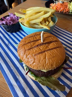 Cheeseburger and fries at Waterside Cafe in Kendal