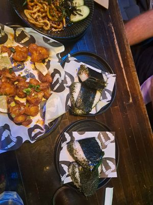 Udon Noodles, Popcorn cauliflower, kimchi onigiri at Bullet Club in Glenelg