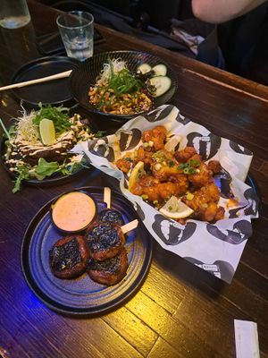 Udon Noodles, kimchi pancakes, Popcorn cauliflower, potato mochi at Bullet Club in Glenelg