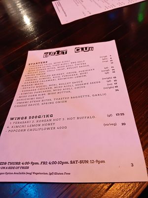 Menu at Bullet Club in Glenelg