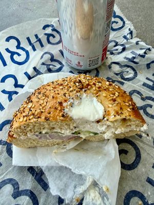 Everything Bagel with Tofu Cream Cheese, Cucumber, and Red Onion Sandwich at H&H Bagels in Boca Raton