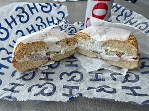 Everything Bagel with Tofu Cream Cheese, Cucumber, and Red Onion Sandwich at H&H Bagels in Boca Raton