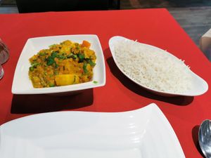 Vegan veg dhansak with boiled rice at Gurkha Junction Limited in Derby