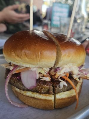 Chili Crunch Impossible Burger (vegan) at Oak Park Brewing Co. in Sacramento