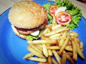 Veggie burger with french fries... Yummy!!! at Mea Nuu Vegetarian Food in Pattaya