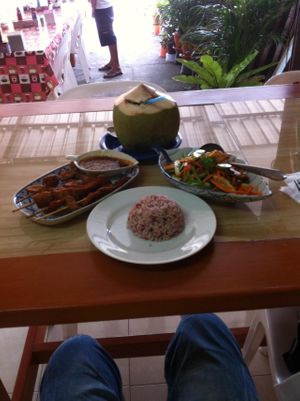 Veggie Chicken Satay, Veggie Duck Salad, Coconut and brown rice... The perfect lunch!!! So delicious!!! at Mea Nuu Vegetarian Food in Pattaya