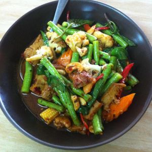 Vegetarian stir fried soy chicken in red sweet curry paste and cashew nuts. My favorite!!! Must try. #47 at Mea Nuu Vegetarian Food in Pattaya