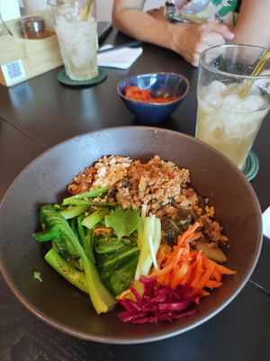 Tahini dry noodles and tamarind ginger drink at Open Sesame - Café & Noodle Bar Vegetariano in Porto