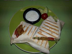 Vegan Falafel Wrap w/ Vegan Tzatziki Sauce at Bubble Tea Paradise Healthy Cafe in Limerick