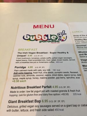 Menu at Bubble Tea Paradise Healthy Cafe in Limerick