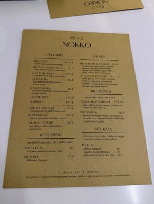 Menu  at Nokko in Minneapolis