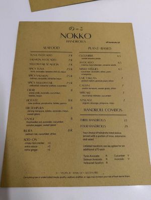 Handroll Menu at Nokko in Minneapolis