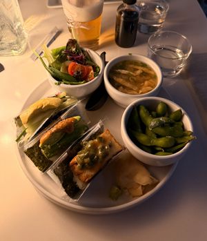 Handroll Combo, Atsuage, Avocado, and Mixed Veggies. Sides of Salad, Miso Soup, Chilled Edamame.  at Nokko in Minneapolis