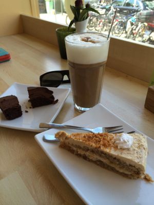yummy cake, good coffee (and I'm quite picky, being spoilt with NZ coffee), and a little sample of the brownie. All delicious.  at Wondergood Bistro in Frankfurt