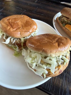 cheeseburger (made vegan) and It Ain’t Chicken Sandwich  at Pretty Good Advice in San Jose