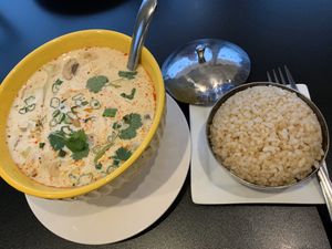 Tom Kah soup with brown rice side at Vida's Thai Food in Homer