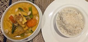Massaman curry and coconut rice at Asaya Thai Restaurant in Keswick