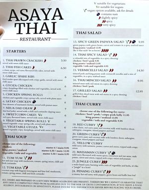 Menu front at Asaya Thai Restaurant in Keswick
