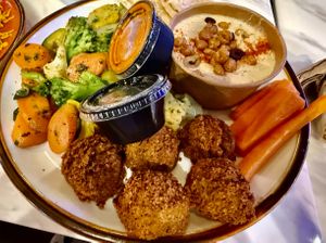 Crispy Falafel, Carrot Sticks, and side dishes at Sheesh Mediterranean in Dunwoody