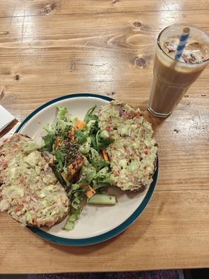 Guacamole on Sourdough with salad + iced latte at Chura in Dharamshala