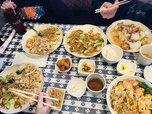 All vegan: veggie fried tofu rice, yakisoba noodle with tofu, pineapple tofu, and spicy ramen with tofu.  at Suzy's Kitchen in Bremerton