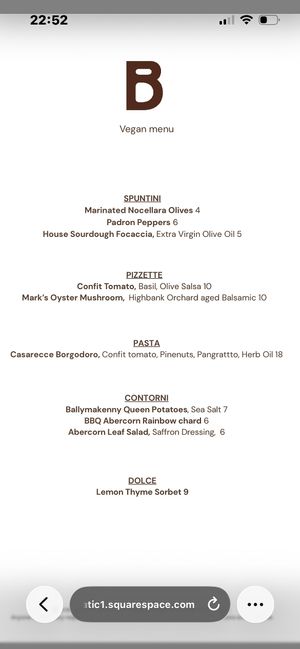 Sample Vegan Menu  at Borgo in Dublin