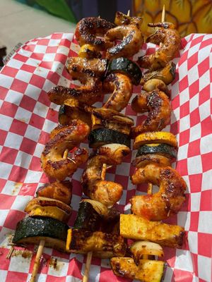 Vegan Shrimp Kabobs gluten free made from Konjac root at Saucy Vegan in Charlotte