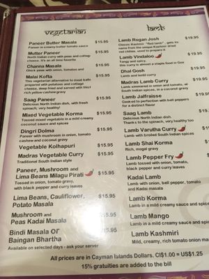Regular Menu Vegetarian options at Southern Spice in Seven Mile Beach