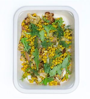 Za'atar Roasted Cauliflower & Pearl Couscous Salad. Vegan, ready to eat salad.  at Hummingbird Nutritious Eats in Andover