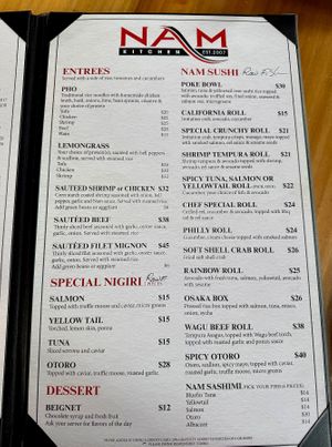Entree Menu at NAM Kitchen in Sandy Springs