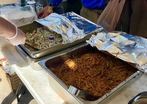 Vegan greek pasta salad and vegan spaghetti with TVP  at Food Not Bombs Raleigh in Raleigh