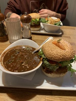 Tofu burger with Moroccan sweet potato soup🍔🥣  at Issac's Way in Fredericton