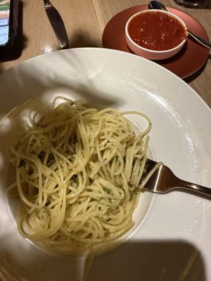 Pasta with olive oil and garlic and spicy red pasta sauce on side   at Brava Modern Trattoria in Glenwood Springs