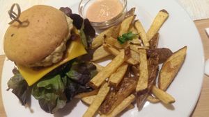 Guacamole Burger with homemade fries and dip at Veggie Point in Prague