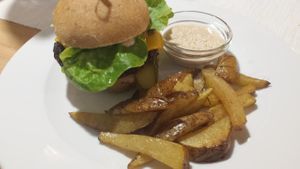 burger: pattie is made from veggies; not great fries at Veggie Point in Prague