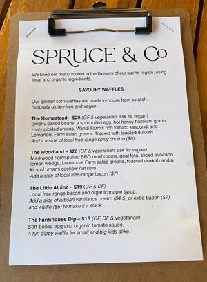 Savoury waffles   at Spruce & Co Cafe in Bright