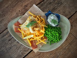 Vegan fish and chips   at The Loft in Sidmouth