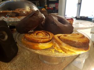 Vegan donuts and cinnamon rolls. at La Heladeria Mexicana in Barcelona