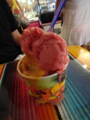 Strawberry, mango and chili, passion fruits at La Heladeria Mexicana in Barcelona