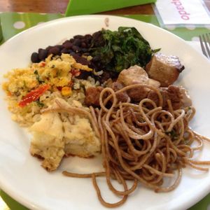 Some of the hot dishes options on Saturday: feijoada, braised cabbage, roasted tofu, glam, vegetable pie, whole pasta.
 at Vegg's Restaurante in Sao Paulo