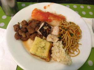 Some of the hot dishes options on Thursday: roasted tofu, soy meat, vegetable pie, spaghetti with carrot, pancake with leeks, zucchini's risotto. at Vegg's Restaurante in Sao Paulo