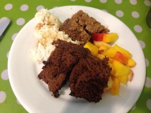 Some of the desserts options on Thursday: chocolate cake, fruits' salad, banana pie, coconut pavé.  at Vegg's Restaurante in Sao Paulo