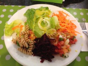 Some of the salads options on Thursday: lettuce, carrot, beetroot, pasta salad, onions, vinaigrette with mustard dressing. at Vegg's Restaurante in Sao Paulo