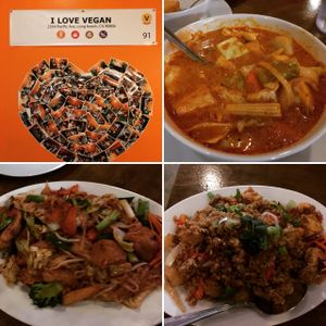 yellow curry , veggie pad Thai and pineapple fried rice at I Love Vegan in Long Beach