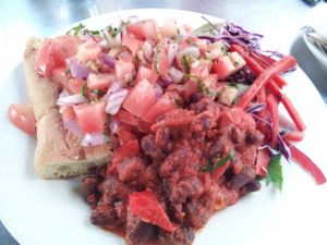 Vegan bruschetta on Turkish bread with a side of beans at Country Road Cafe in Perth