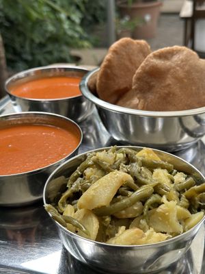 Tomato Soup, fried bread and potato and green beans  at Govinda in Eger