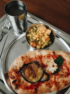 Pizza with eggplant and veggies with tofu at Govinda in Eger