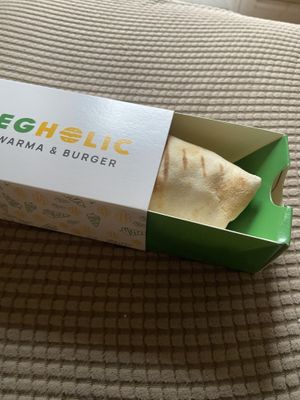 Delicious Shawarma, in convenient slide-out box.   at Vegholic Shawarma & Burger in Brampton